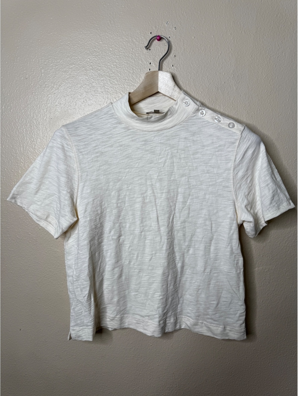 Lilla P Women’s S White 100% Cotton Slub Mock Neck Button Shoulder Tee Top